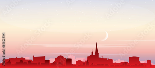 Red panoramic poster of the city skyline with misty background buildings, sunrise, moon and clouds of DORTMUND, GERMANY