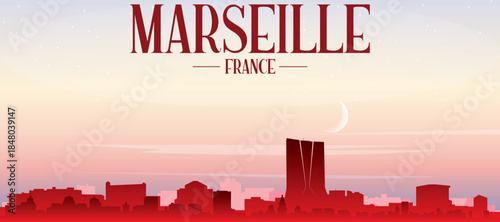 Red panoramic poster of the city skyline with misty background buildings, sunrise, moon and clouds of MARSEILLE, FRANCE