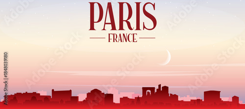 Red panoramic poster of the city skyline with misty background buildings, sunrise, moon and clouds of PARIS, FRANCE