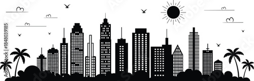 Black Silhouette Cityscape With Palm Trees Sun Clouds And Birds Keywords: cityscape, city, skyline, silhouette, buildings
