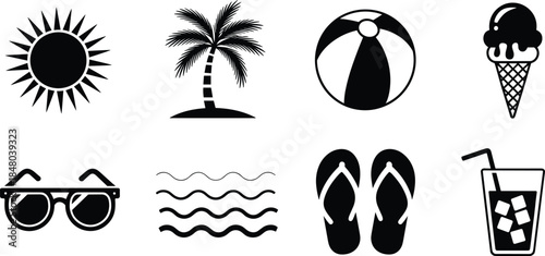 Black Silhouette Icons of Summer Beach Vacation Elements on White Background Keywords: summer, beach, vacation, sun, palm tree