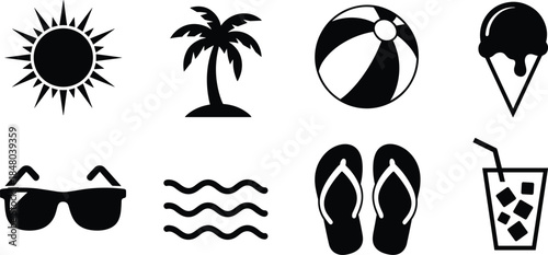 Black Silhouette Icons Representing Summer Beach Vacation Activities And Objects Keywords: sun, palm tree, beach ball, ice cream