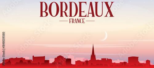 Red panoramic poster of the city skyline with misty background buildings, sunrise, moon and clouds of BORDEAUX, FRANCE