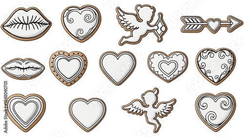 Set of romantic and whimsical cookie cutters featuring hearts and cupid motifs for love-themed