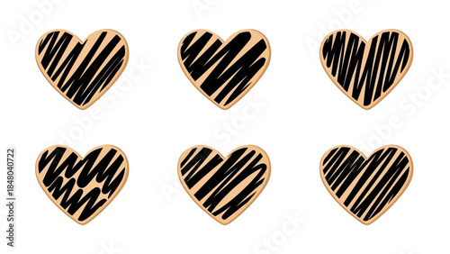 Set of six artistic heart-shaped cookies with bold black stripe patterns on a plain background
