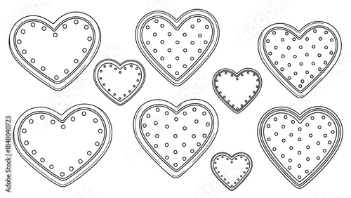 Set of seven heart-shaped light bulbs with dotted pattern outlines for romantic or decorative themes