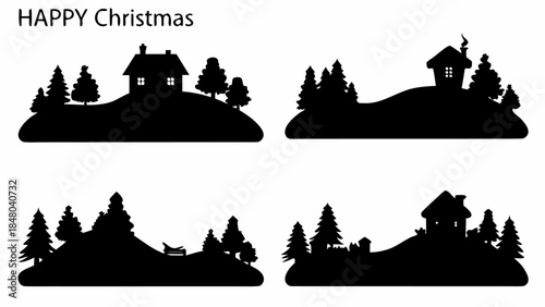 Cozy Christmas village silhouettes with trees and houses