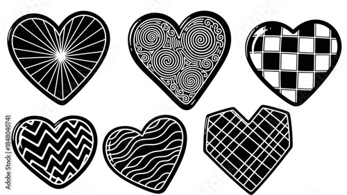 Set of seven stylized monochrome hearts with diverse intricate patterns and textures for artistic