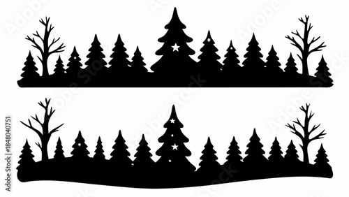 Black silhouettes of trees on white background for design