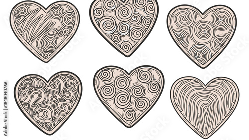 Set of six intricately designed wooden heart shapes with detailed swirling patterns for romantic