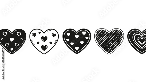 Set of six stylized black and white heart icons with various patterns and designs for romantic