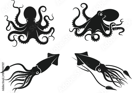Black octopus and squid illustrations marine life vector graphics on transparent background