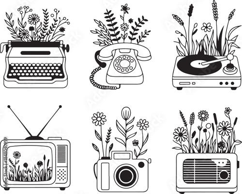 Six vintage technology objects filled with botanical illustrations, flowers and plants, hand-drawn style, transparent background