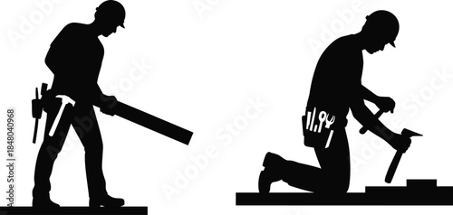 Silhouette construction workers with tools and equipment on white background Keywords: construction, worker, silhouette, builder