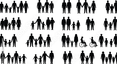 Silhouettes of Diverse Family Units and Individuals Holding Hands Keywords: family, people, silhouette, holding hands, parents