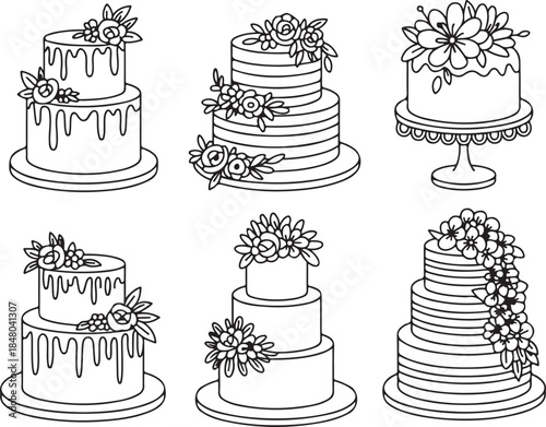 set of decorative tiered cakes with floral arrangements for celebrations and events