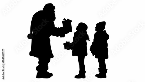 Santa Claus giving gifts to two happy children in silhouette