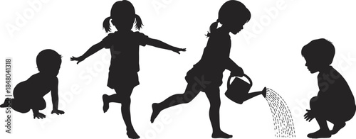 Silhouettes of young children playing and interacting on white background Keywords: children, kids, silhouette, playing