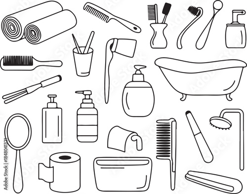 collection of bathroom accessories and toiletries for personal hygiene and cleanliness