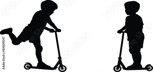 Two Black Silhouette Children Riding Scooters With Knee Pads Keywords: children, kids, boys, silhouette, scooters, riding