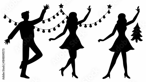Silhouettes of people dancing under festive holiday lights and decorations