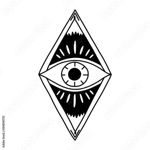 Occult vector illustration featuring the Evil Eye within diamond rhombus shape, surrounded by rays. Mystic, bohemian, and spiritual symbol of protection. Ideal for tattoo art or esoteric design.
