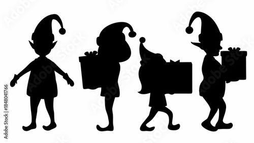 Silhouettes of elves carrying Christmas gifts on white background