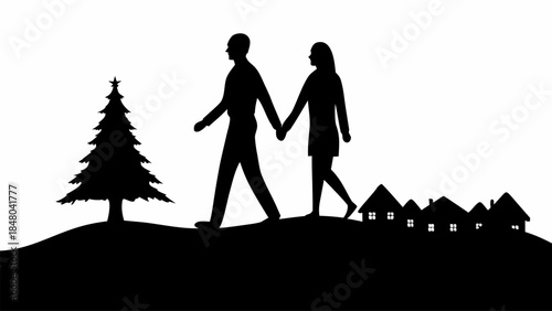 Couple walking hand in hand on a hill with Christmas tree