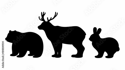 Black silhouettes of bear, deer, and rabbit in profile