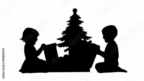 Children excitedly opening Christmas gifts on the floor