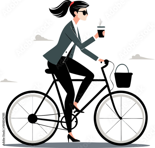  Cool Businesswoman riding bicycle to office, drinking coffee to go on the way.