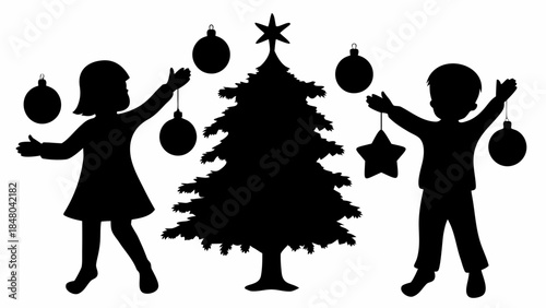 Children decorating Christmas tree with ornaments in joyful holiday scene