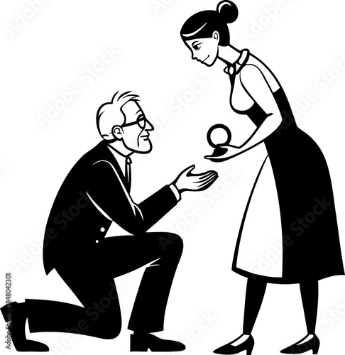 Old man on knee marriage proposal with beautiful ring flat style, vector illustration stock illustration silhouette vector icon , black and white , white background
