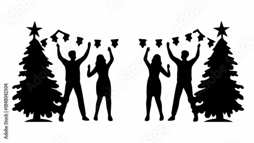 People decorating Christmas trees with festive star ornaments