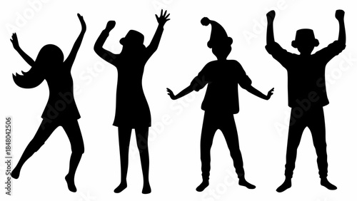 Silhouettes of four people dancing joyfully with raised arms