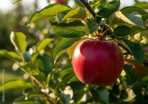 A high-quality natural scene featuring a ripe red apple hanging from a healthy apple tree branch, surrounded by green leaves in an orchard setting