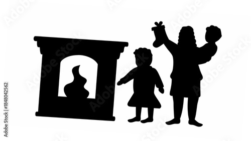 Children excitedly hanging Christmas stockings by fireplace