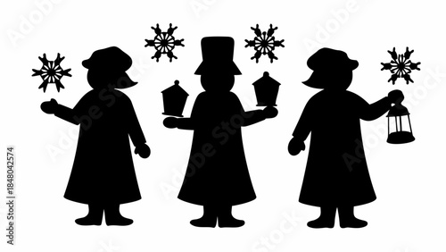 Silhouettes of three carolers with snowflakes and lanterns on white background