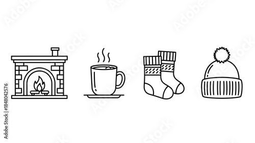 Cozy Winter Essentials: A charming collection of winter essentials including a warm fireplace, a steaming mug of tea, cozy socks, and a knitted hat, perfect for a snug winter day.