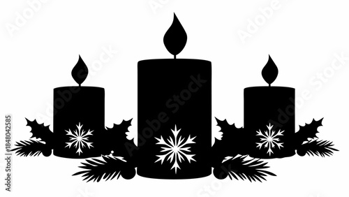 Black silhouette of three candles with holly and snowflakes