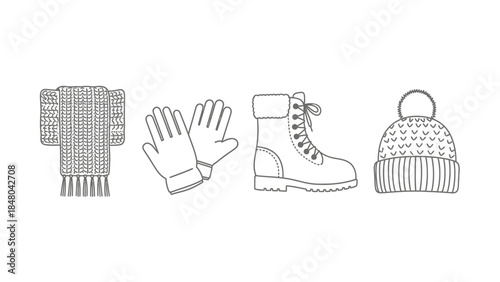 Winter Wardrobe Essentials: Simple graphic depiction of winter essentials; a warm scarf, insulating gloves, a sturdy boot, and a knitted cap. representing the heart of winter's necessity.
