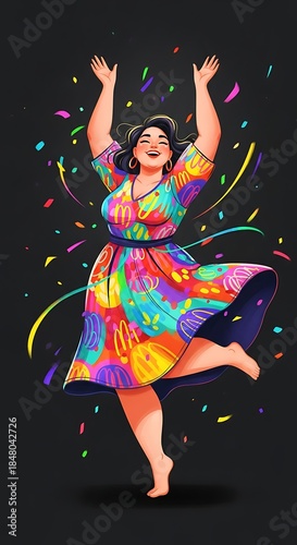 A joyful, colorful illustration of a confident plus-size woman dancing happily against a dark background