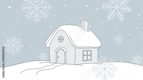 Cozy Winter Cabin: A quaint, snow-covered cabin nestles in a tranquil winter landscape, snowflakes gently falling to create a serene scene.