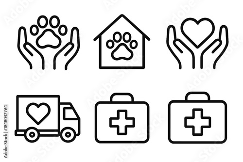 Animal Rescue Icons. Animal Rescue outline icons: hands, paw print, shelter house, heart, truck, first aid kit.