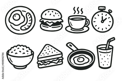 Quick Meal Icons. Quick Meals outline icons: breakfast plate, burger icon, soup cup, quick timer, rice bowl, sandwich half, frying pan, smoothie glass.