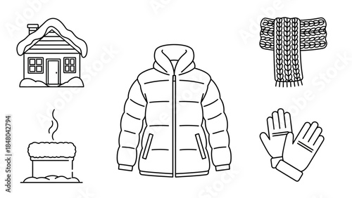 Cozy Winter Essentials: A charming collection of winter essentials including a snowy house, warm scarf, insulated jacket, cozy mittens, and a steaming chimney.