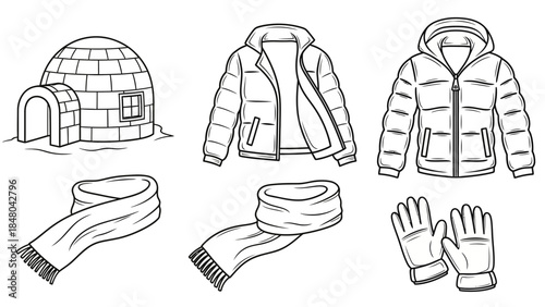 Winter Essentials: A collection of winter apparel and an igloo, illustrating the components of a cold-weather survival kit. Explore the essentials for enduring cold seasons.