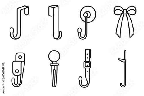 Wreath Hanger Icons. Wreath Hangers outline icons: metal hook, over-the-door hanger, suction cup hook, ribbon loop, magnetic clip, wooden peg, adjustable strap, nail hook.