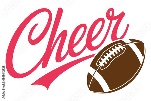 Cheer graphic with blue bow and football, bold cheerleading design featuring varsity-style pink “CHEER” text, large blue bow, football, school spirit, team pride