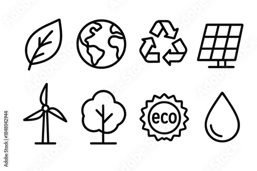 Eco Icons Collection. Environmental Awareness outline icons: green leaf, earth globe, recycling arrows, solar panel, wind turbine, tree icon, eco badge, water droplet.